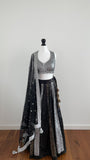 Black, gunmetal silver and gold sequin panelled lehenga skirt