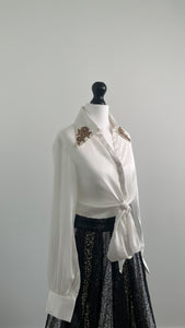 White and gold/copper metallic thread embellished cropped tie up blouse