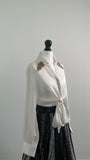 White and gold/copper metallic thread embellished cropped tie up blouse