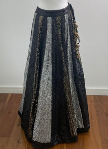 Black, gunmetal silver and gold sequin panelled lehenga skirt