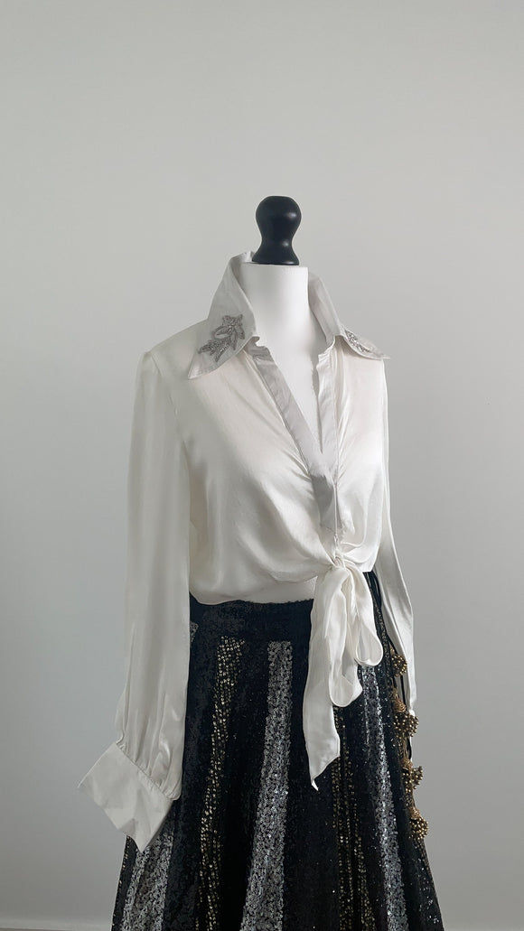 White and silver metallic thread embellished cropped tie up blouse