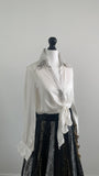 White and silver metallic thread embellished cropped tie up blouse