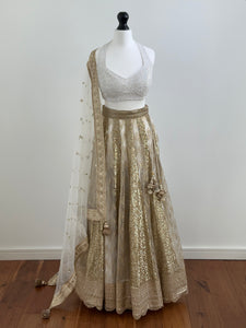 White and gold sequin panelled lehenga skirt