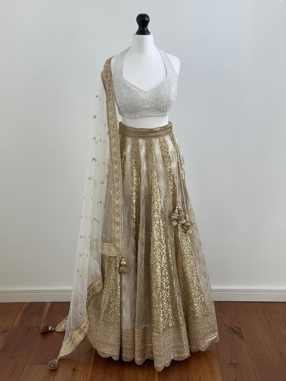 White and gold sequin panelled lehenga skirt